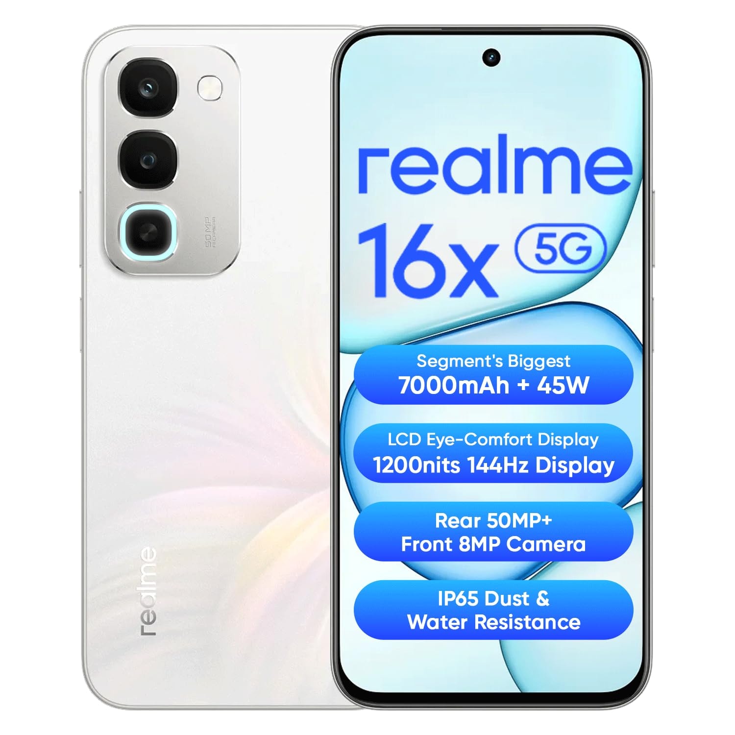 realme 16x 5G Smartphone 4GB+128GB White | 7000mAh Battery, 45W SuperVOOC, 6.8inch Screen, 144Hz Display, Rear 50MP+Front ...