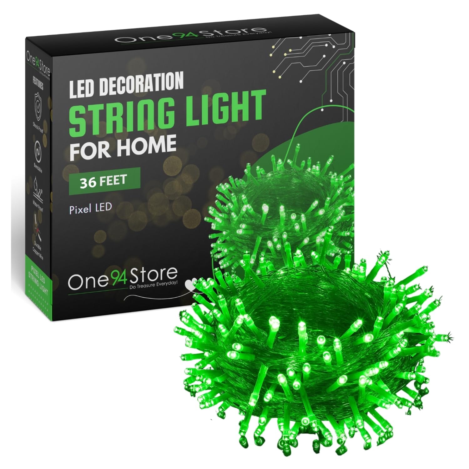 One94Store LED Pixel String Light Pack of 1 – 36 Ft Copper Wire Fairy Lights, Bright Green Decorative Lights for Diwali Dec…