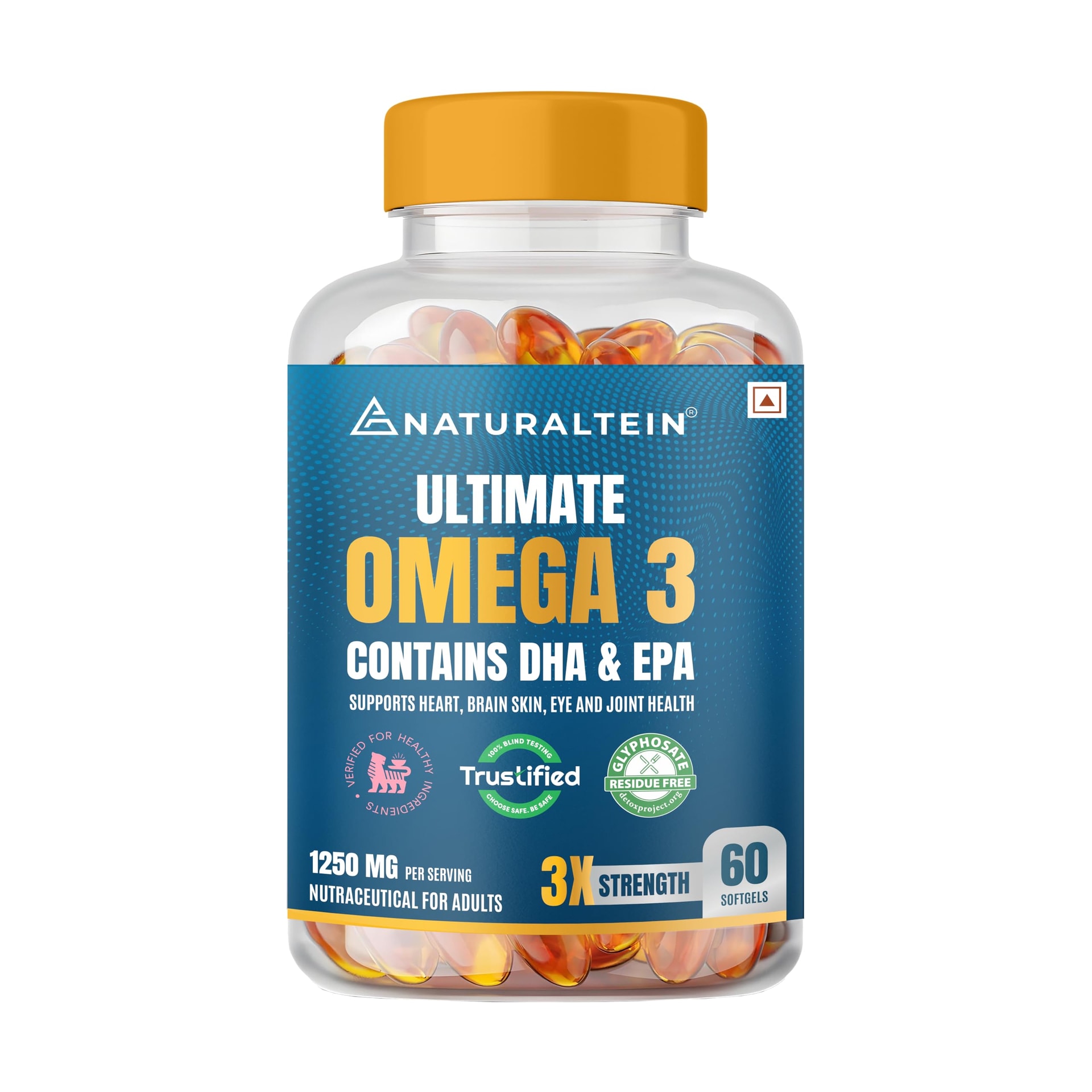 NATURALTEIN Omega-3 Fish Oil 1250mg Triple Strength Softgel Capsules | 450mg EPA & 300mg DHA in Triglyceride Form for Better Absorption | He