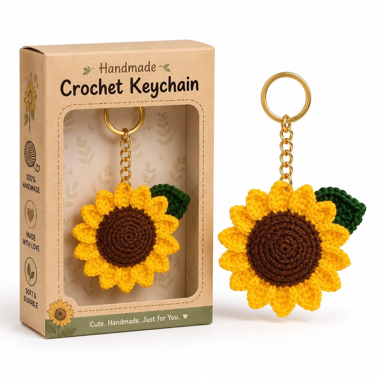 variq Handmade Crochet Sunflower Keychain for Women & Girls, Cute Yellow Flower Key Ring Charm, Soft Yarn Knitted Gift, Bag…