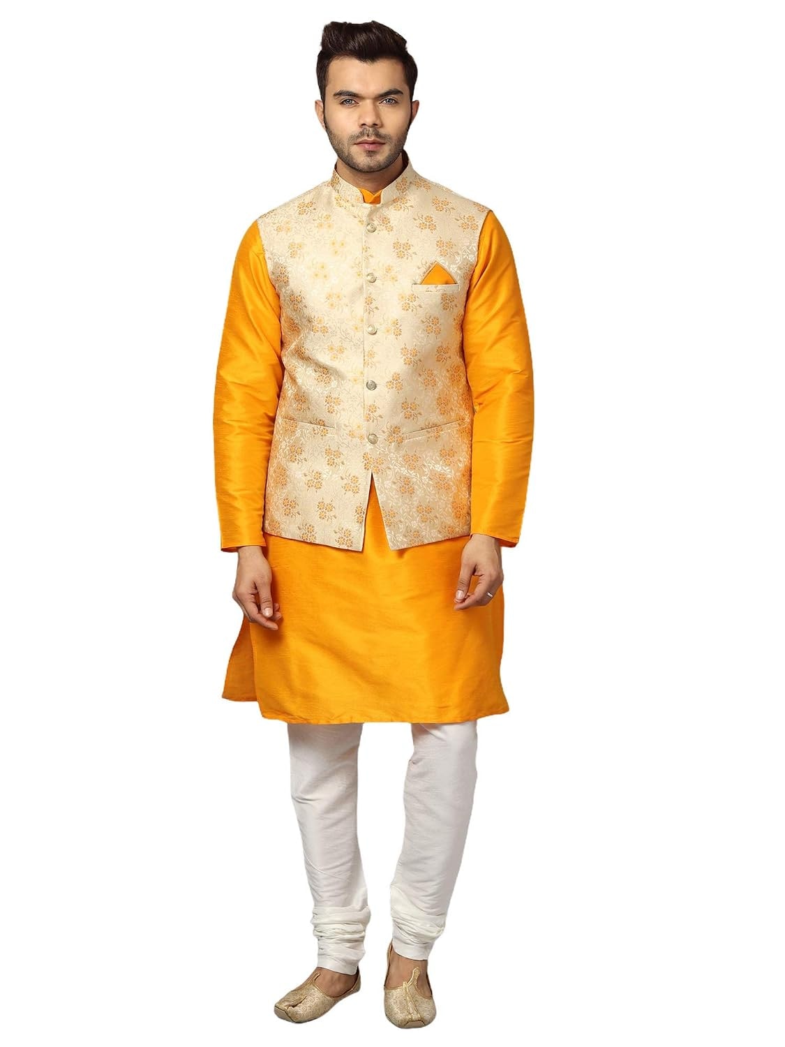 Uri and MacKenzie Men's Silk Blend Kurta Churidar Pyjama with Stylish Nehru Jacket