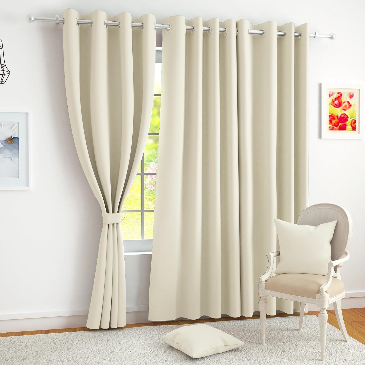 Story@Home 100% True Blackout Door Curtains 7 Feet Long Set of 2 Beige | Black Backing Thermal Insulated Room Darkening Bla…