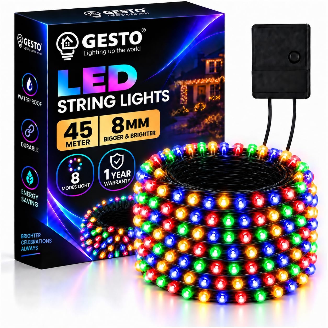 Gesto 45 Meter LED String Lights –Multicolor 8mm Big Led Fairy Lights for Decoration with 8 Modes | 360° Glow Waterproof Li…