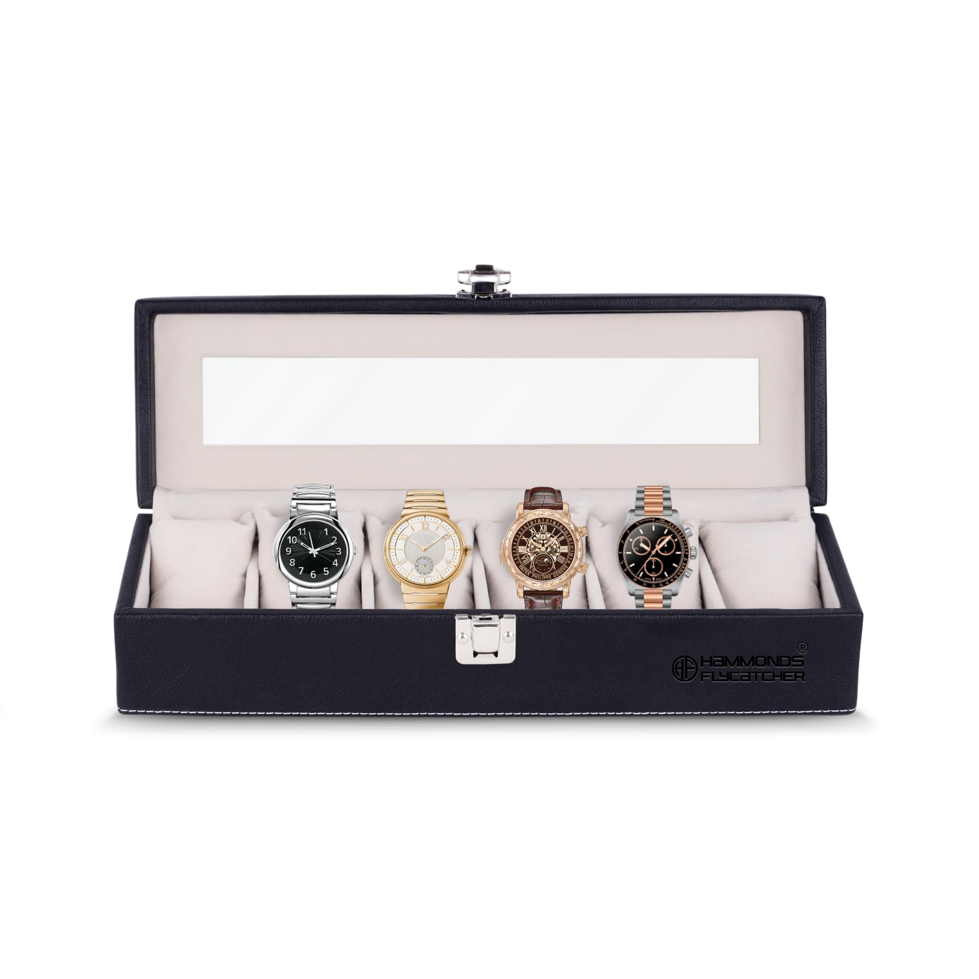HAMMONDS FLYCATCHER Premium Men's and Women's Watch Box Organiser 6 Slots - Vegan Leather Watch Organizer with Glass Window, Luxury Watches 