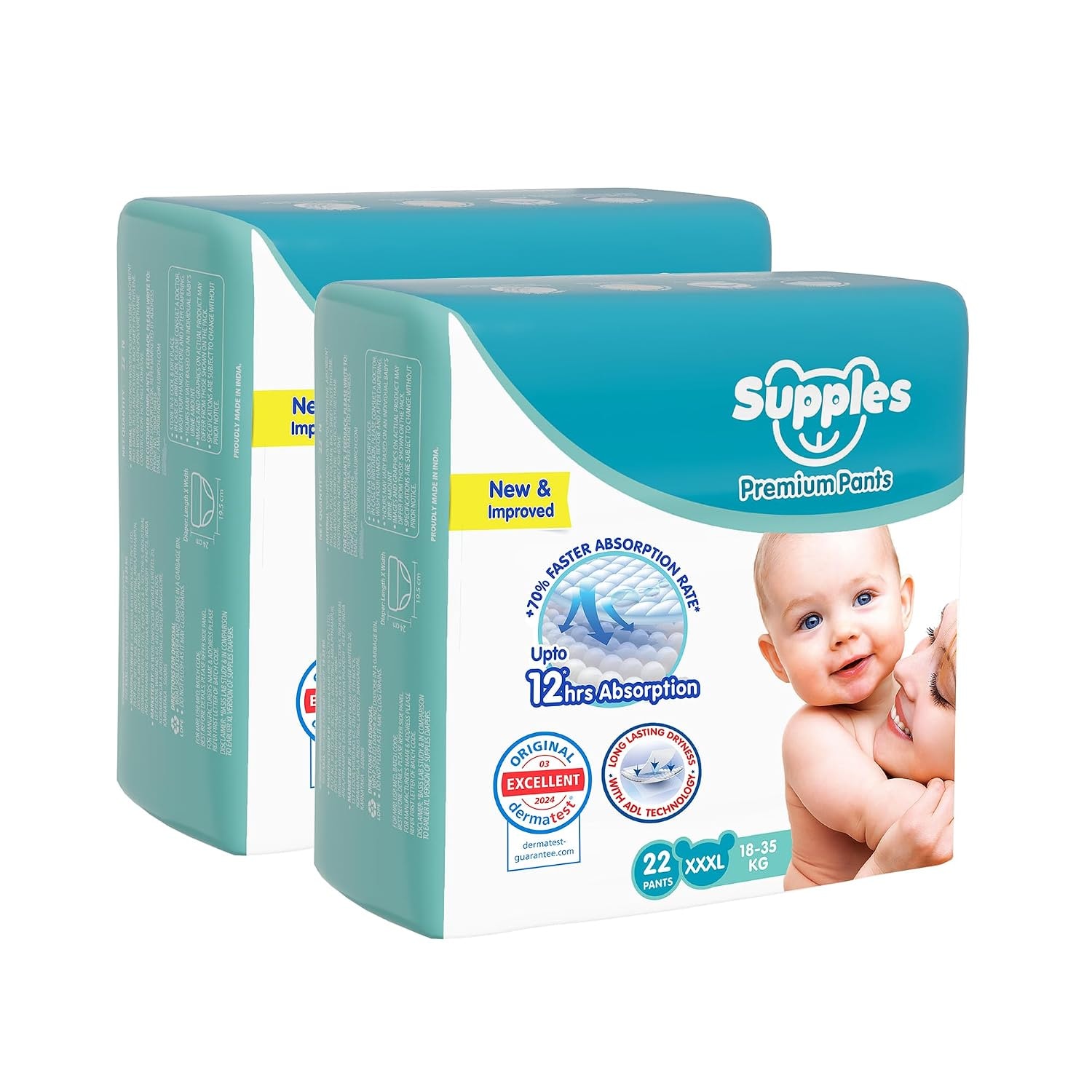 Amazon Brand - Supples Premium Baby Diaper Pants | 44 Baby Diapers | XXXL | 18-35 Kg | 12 Hrs Absorption | Cushiony Cotton …