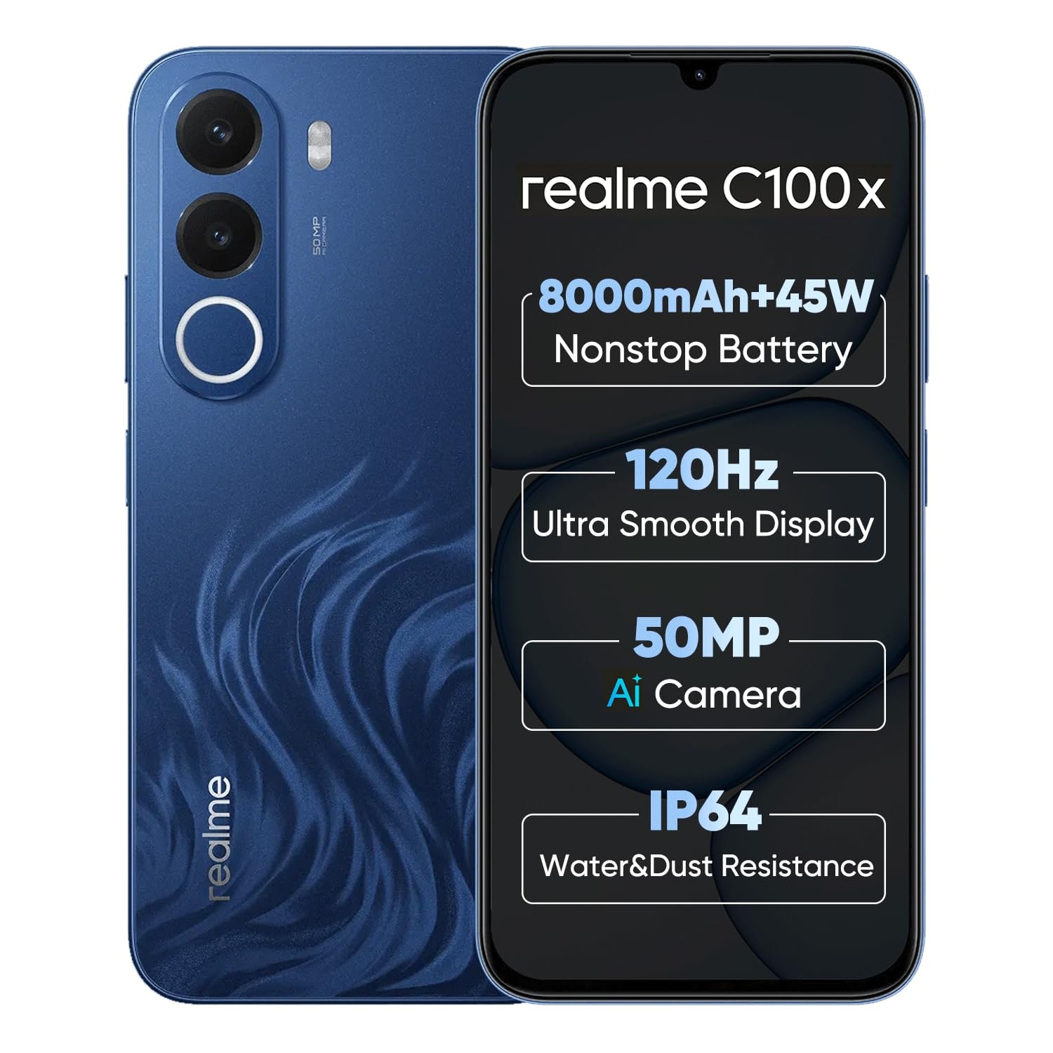 realme C100x 4G Smartphone 4+64GB Blue | 8000mAh Battery, 45W Fast Charging, 6.8-inch Screen, 120Hz Display, Rear50MP+Fron...