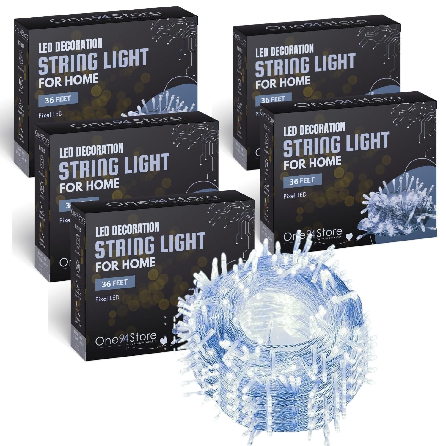 One94Store LED Pixel String Light Pack of 5 – 36 Ft Copper Wire Fairy Lights, Bright White Decorative Lights for Diwali Dec…