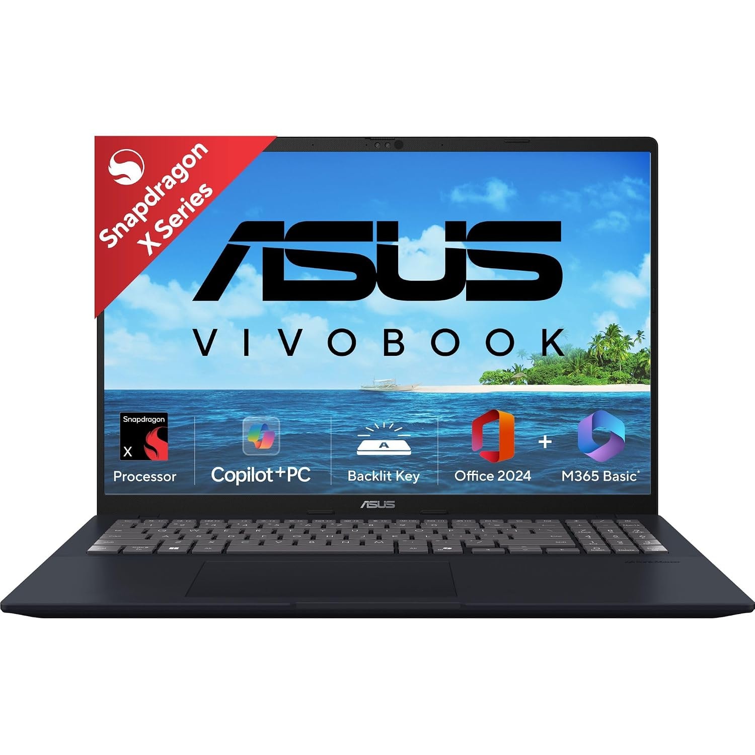 ASUS Vivobook 16 in Quiet Blue with a Snapdragon X badge