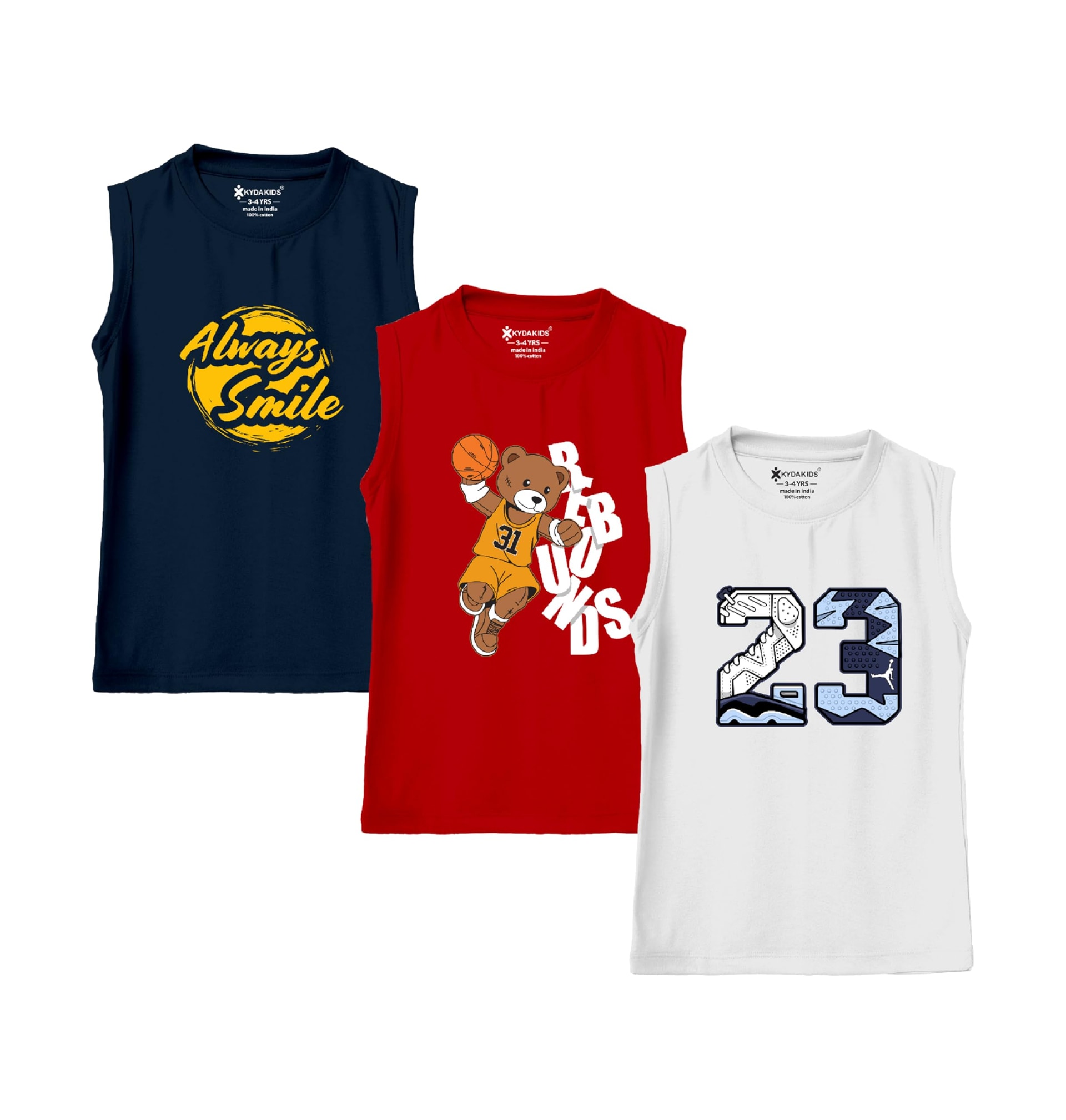 KYDA KIDS® 100% Cotton Bio Washed Premium Printed Boys Sleeveless Loose Fit Tshirt - Antibacterial Boys Vest - Pack of 3