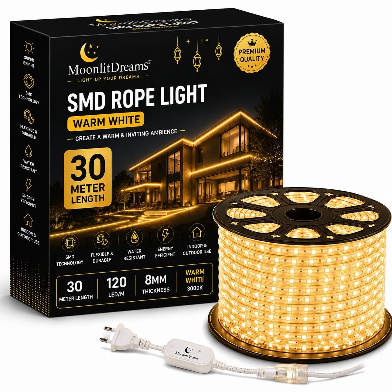 MoonlitDreams LED Strip Light, 30 Meter 5730 SMD Warm White Decorative Light for Home, Ceiling, Bedroom & Festival Decorati…