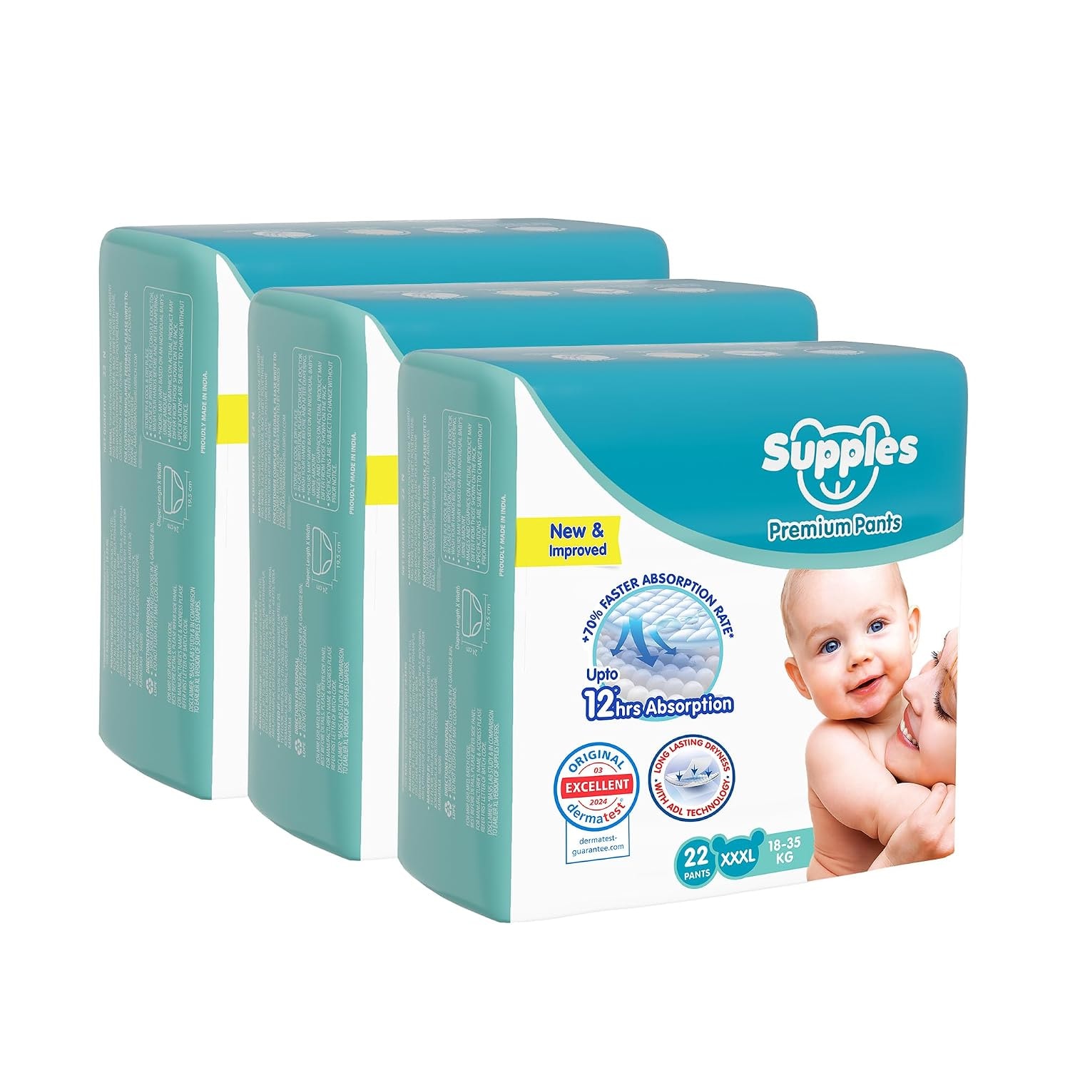 Amazon Brand - Supples Premium Baby Diaper Pants | 66 Baby Diapers | XXXL | 18-35 Kg | 12 Hrs Absorption | Cushiony Cotton …