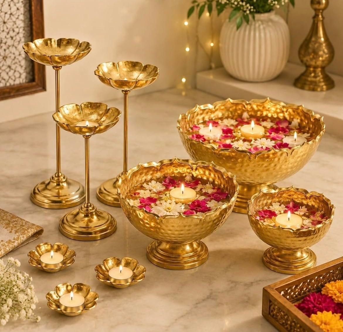 LUXEOASIS Taj Bowl Hammered Urli Candle Stand with Floating Diya, 9 Pieces Combo, Iron, Silver & Gold Diya Vase Set for Wed…