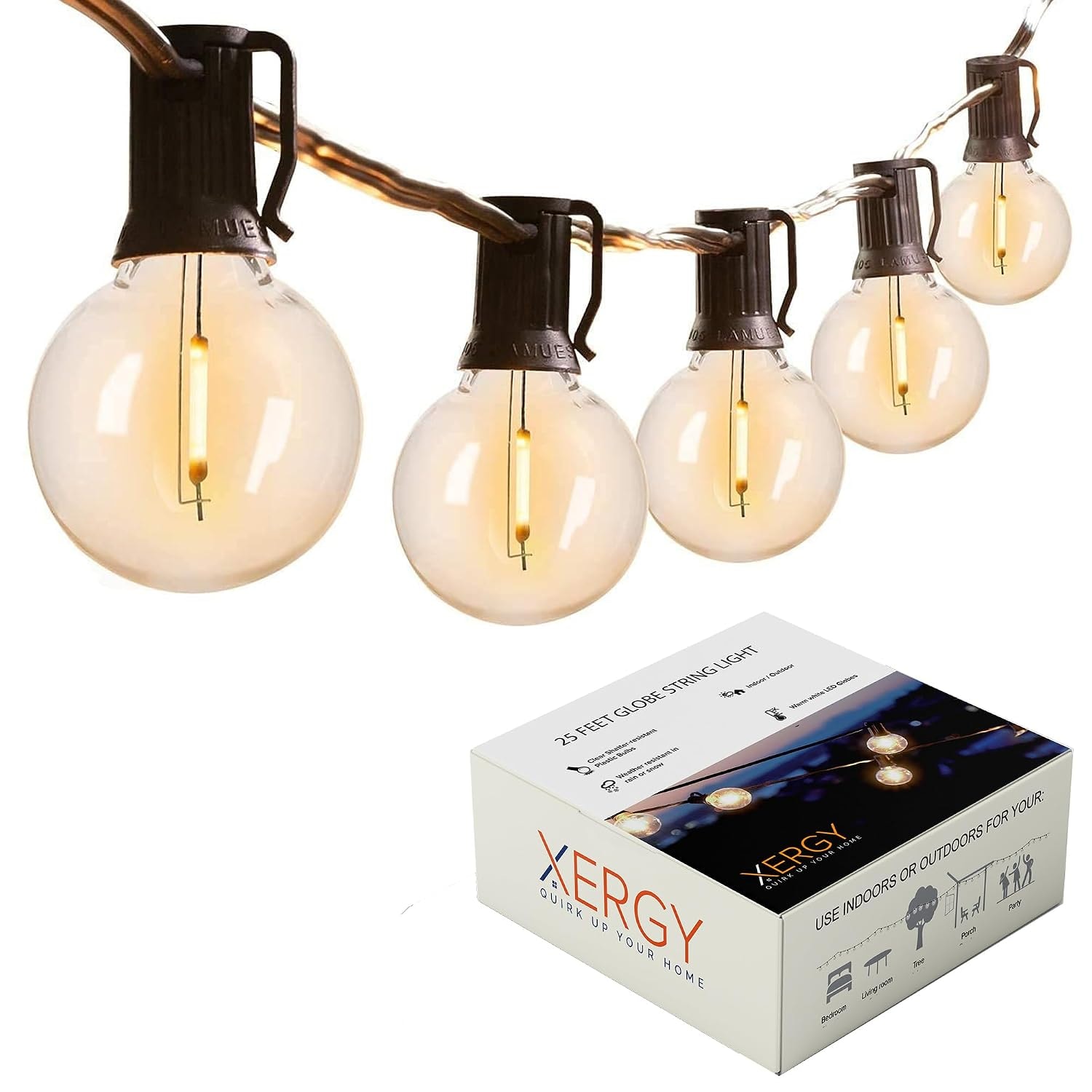 XERGY Outdoor String Lights Waterproof 25 Feet G40 Globe Lights with 25 Edison Break Proof Bulbs, Bulb Hanging Light for Te…