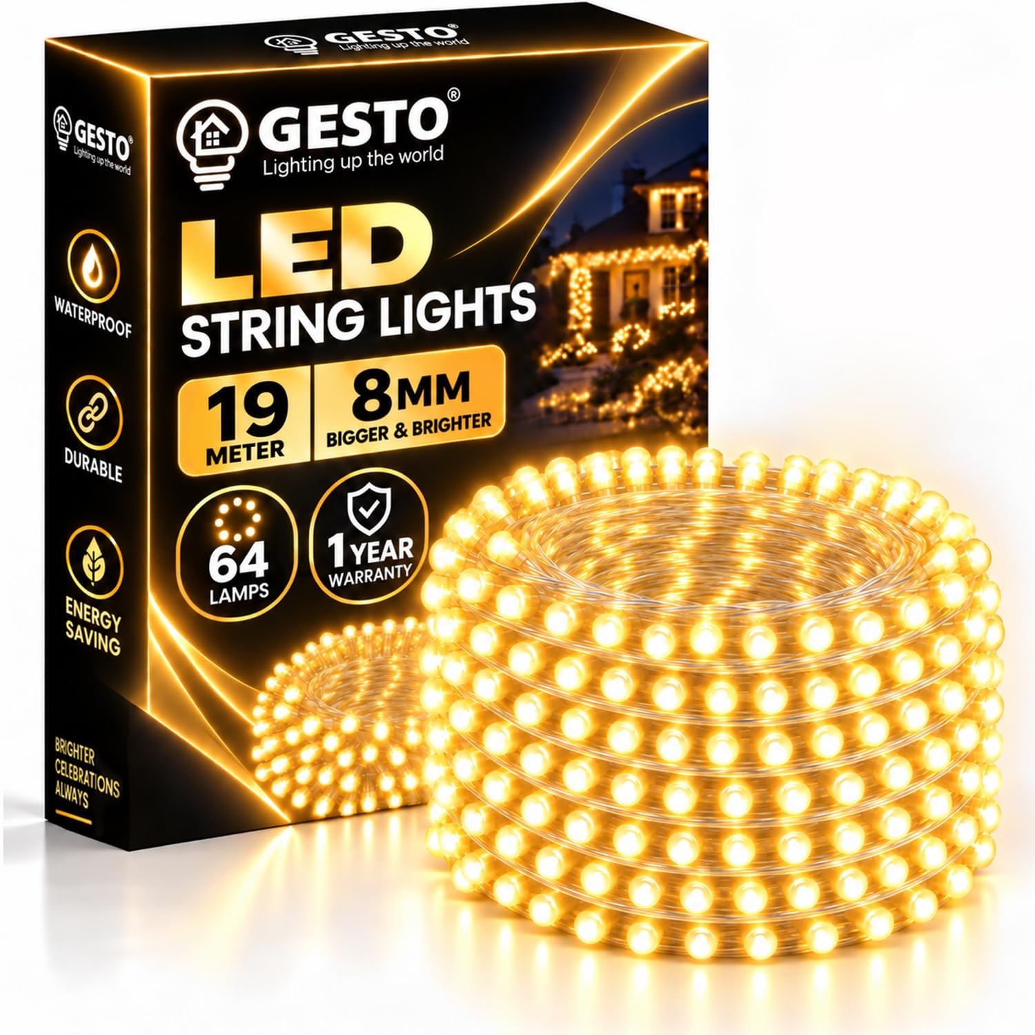 Gesto 19 Meter LED String Lights – Warm White 8mm Big Led Fairy Lights for Decoration | 360° Glow Waterproof Copper Wire Li…