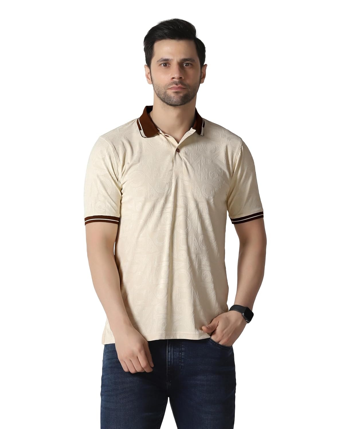 TOPLOT Men's Premium Jacquard Polo T-Shirt | Geometric Textured Design | Contrast Collar & Cuffs | Soft Breathable | Perfect for Office & Casual Wear | Available in Pack of 2 (5281)