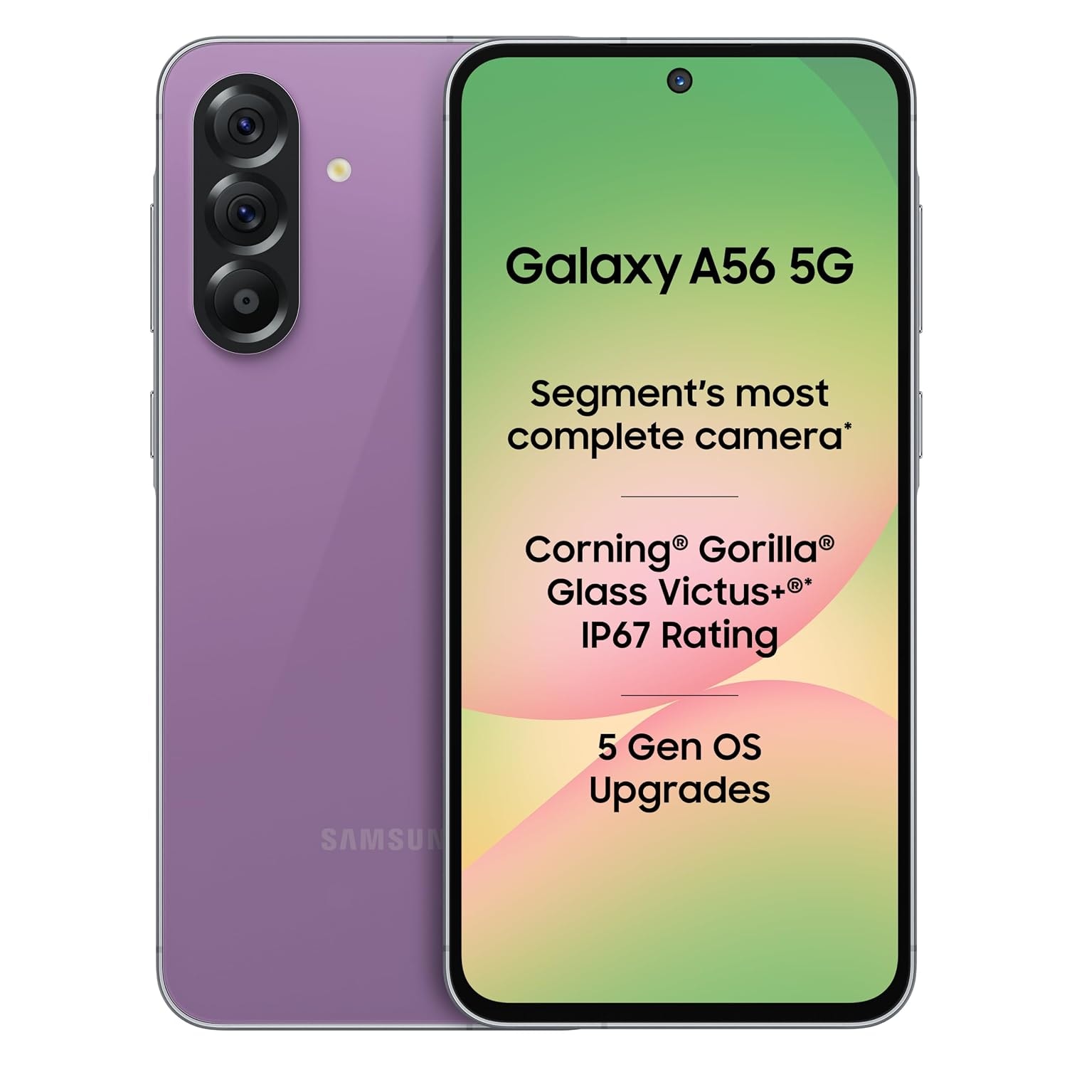 Samsung Galaxy A56 5G Mobile (Awesome Violet Glow, 8GB, 128GB) | Segment Most Complete Triple Camera | 50MP | AI Editing | 4nm Processor | sAMOLED | 5000mAh | Gorilla Glass Victus+| Knox Security