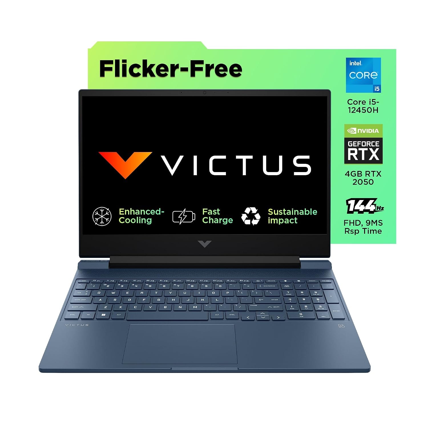 HP Victus, 12th Gen Intel Core i5-12450H, 4GB NVIDIA GeForce RTX 2050 Gaming Laptop (8GB RAM, 512GB SSD), 144Hz, IPS, 15.6"/39.6cm, Win 11, Office 2021, Blue, 2.3Kg, Enhanced Cooling, fa1310TX