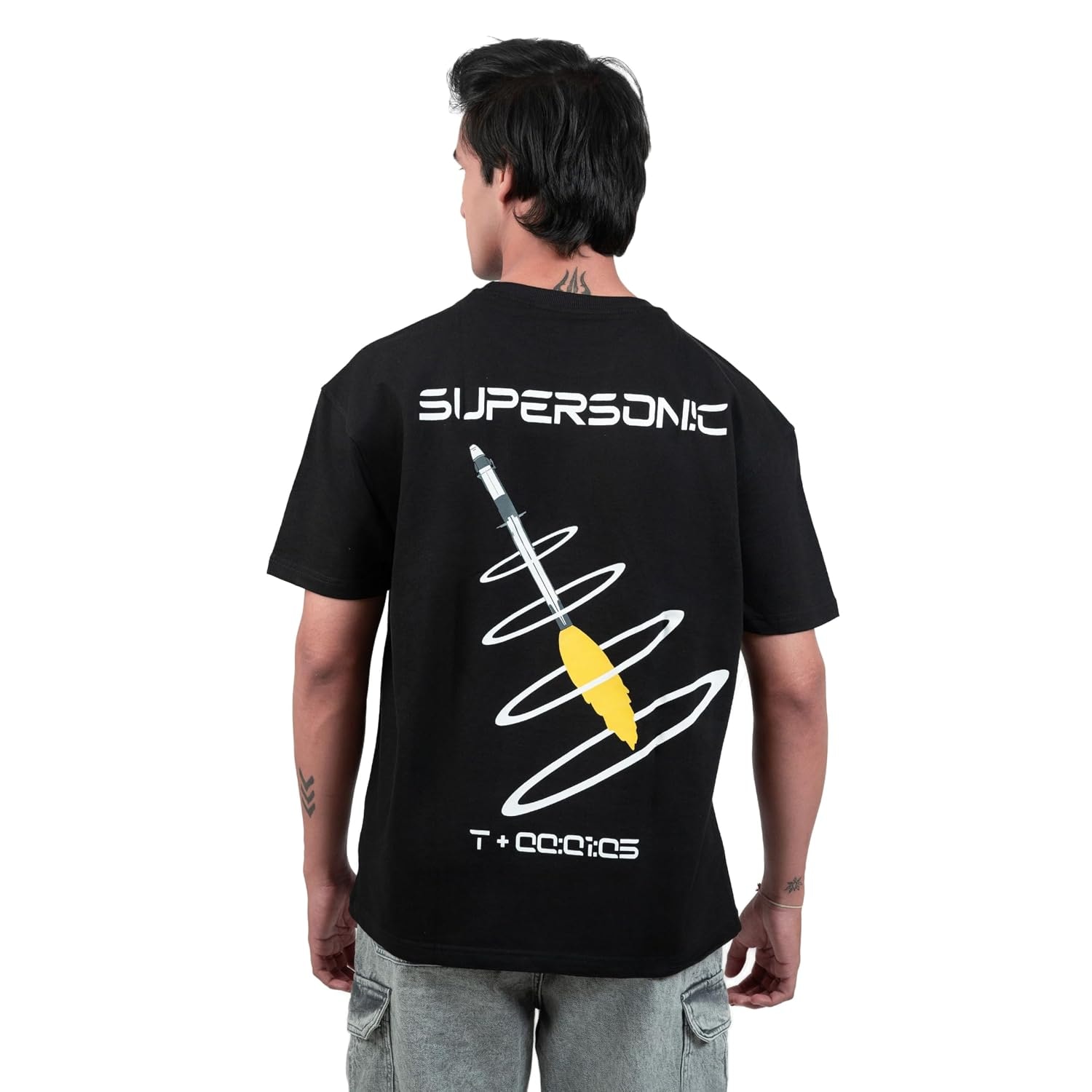 Supersonic Space Theme Printed Oversized Tshirt for Men, Short Sleeves, Back Graphic Print, Super Comfortable & Breathable 100% Cotton Fabric, Stylish Loose Fit for Boys