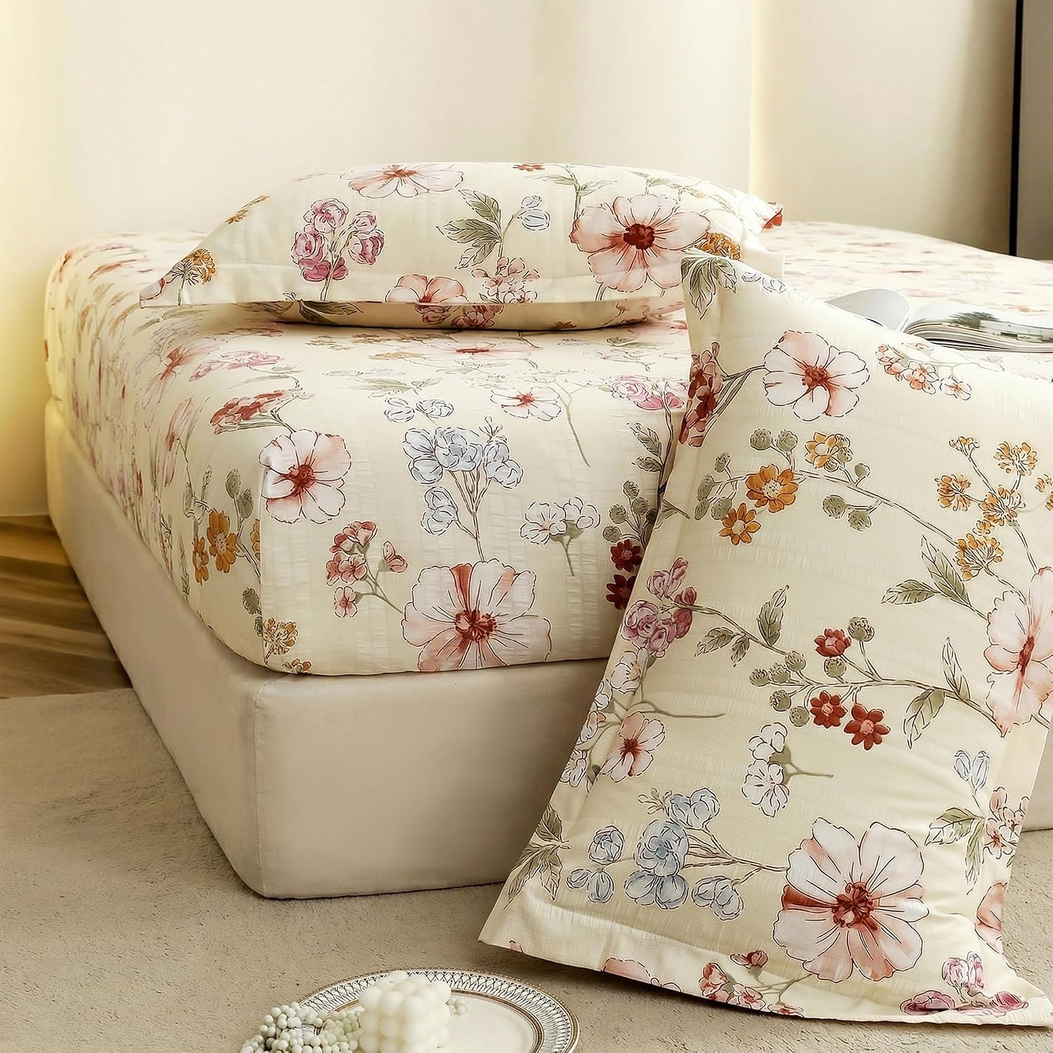 Story@Home Cloud Cotton Fitted Bedsheet 72 X 78 Inch, White & Red | Floral Design | 360 Elastic Bedsheets for King Size Bed…