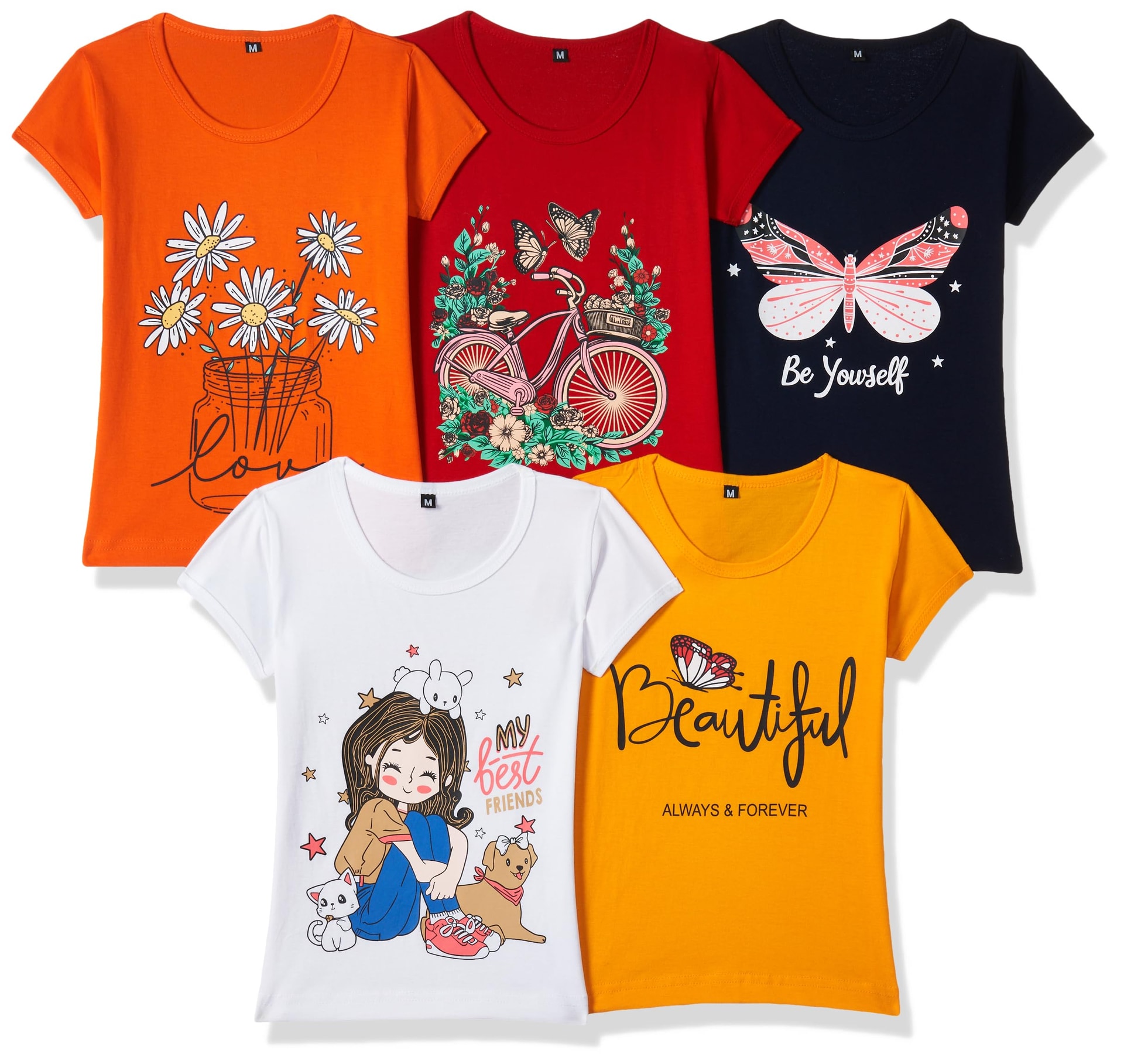 T2F Girls Cotton Printed Regular Fit T-Shirt (Pack of 5)
