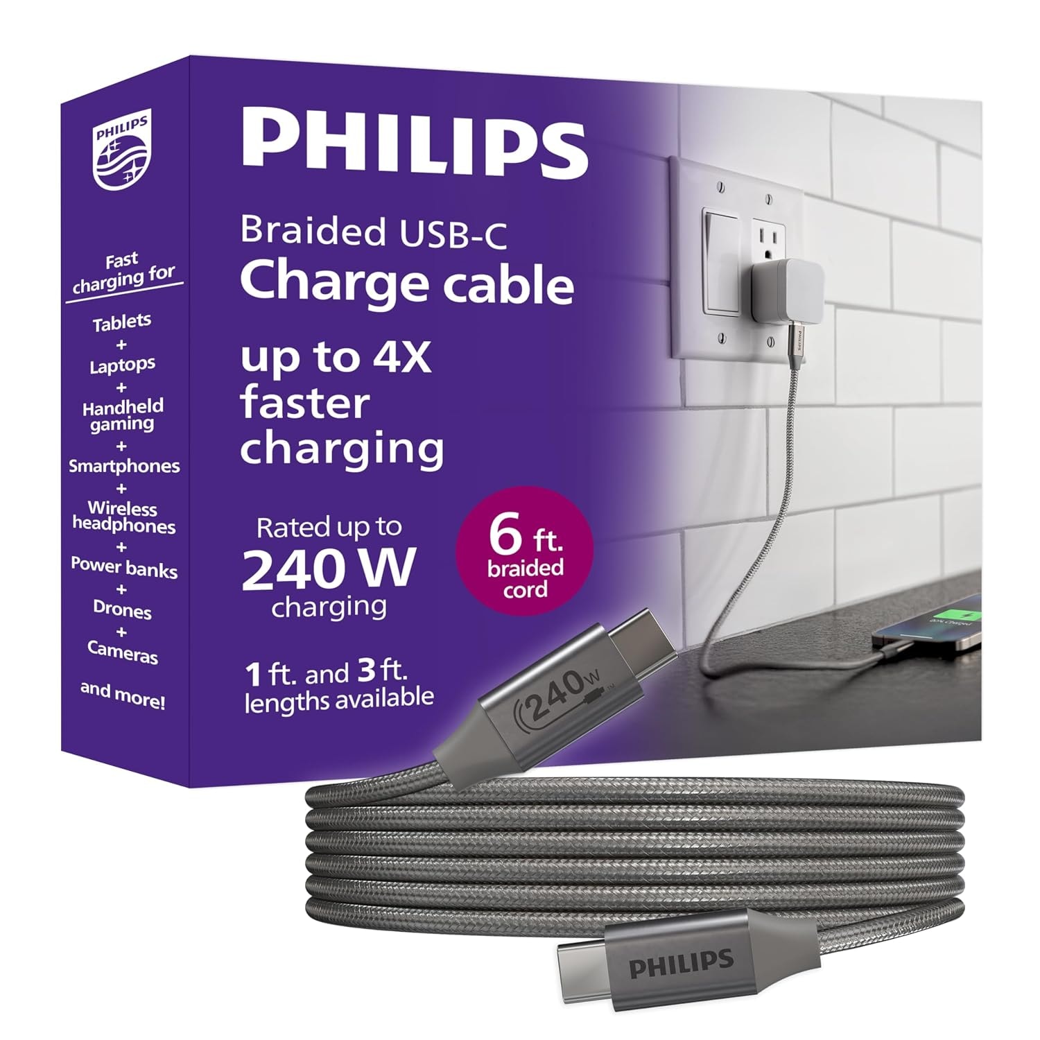 PHILIPS 240W USB-C to USB-C Charging Cable, Laptop & Phone Cable | MacBook Pro & Air, Windows, iPhone 18 Series, Samsung G...