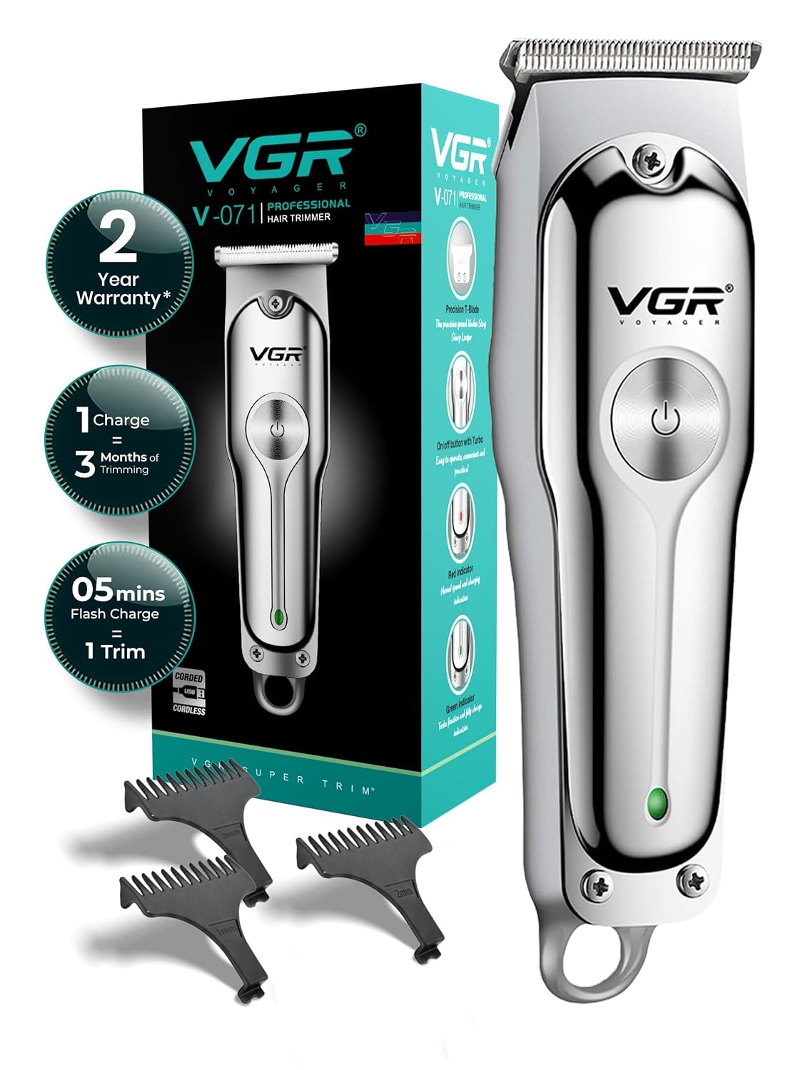 VGR V-071 Professional Beard Trimmer for Men, 2X Fast Charging, USB Type C, 120 Min Runtime, Hair Trimmer, Cordless, 3 Leng…