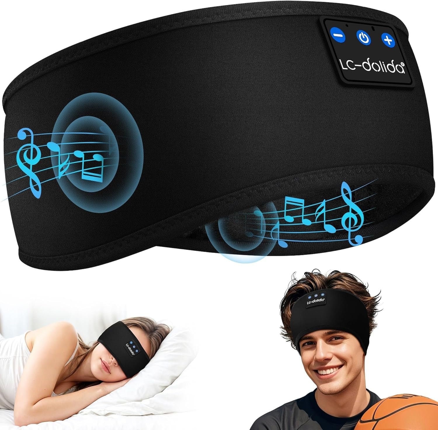 LC-dolida Sleep Headphones Headband Bluetooth 5.4, Sports Headband Earphones Wireless with Speaker Microphone USB C for Sleeping Gift Workout Jogging Yoga Insomnia Travel Meditation, Black Breathable