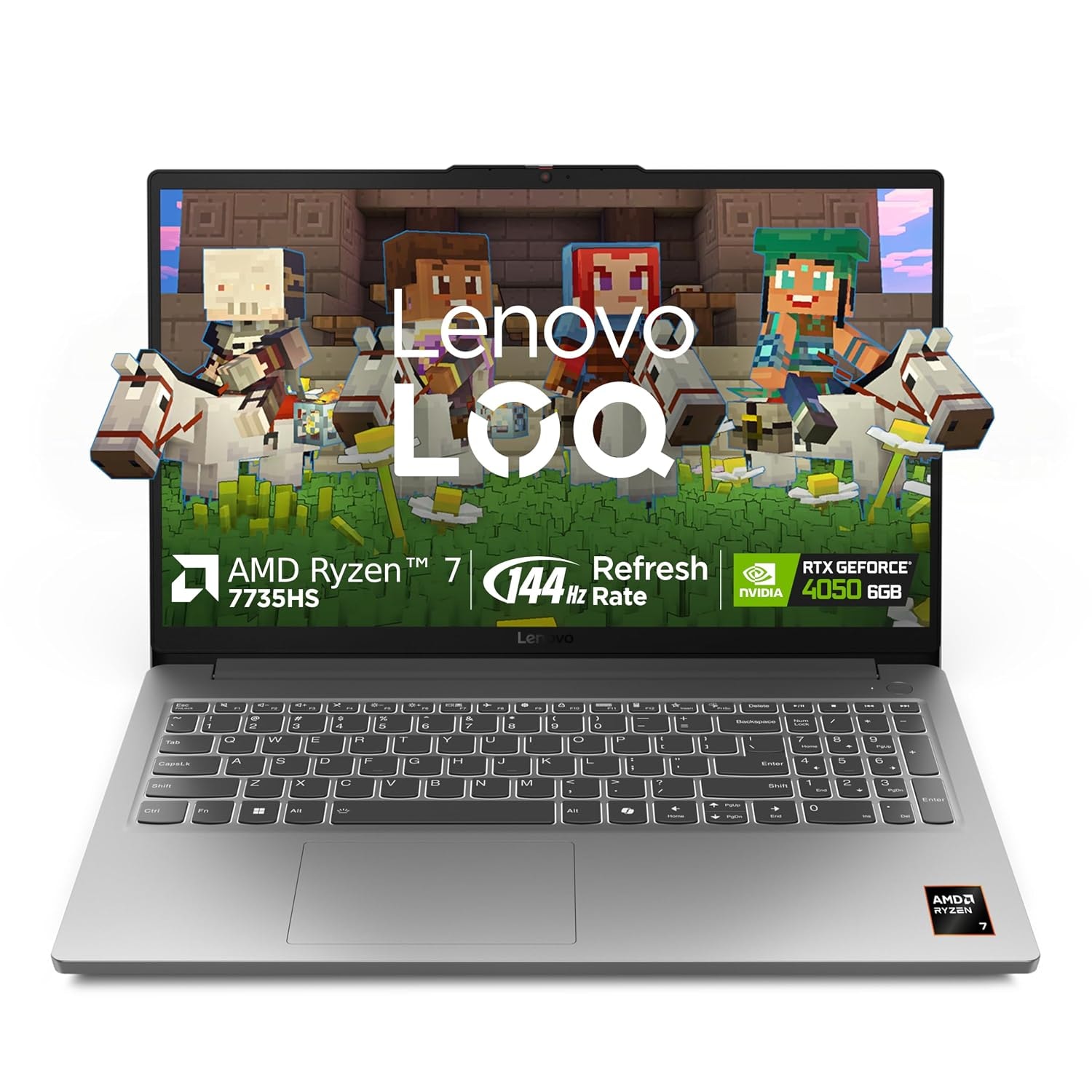 Lenovo LOQ laptop with Ryzen 7 7735HS, 144 Hz, and RTX 4050 6GB on the screen