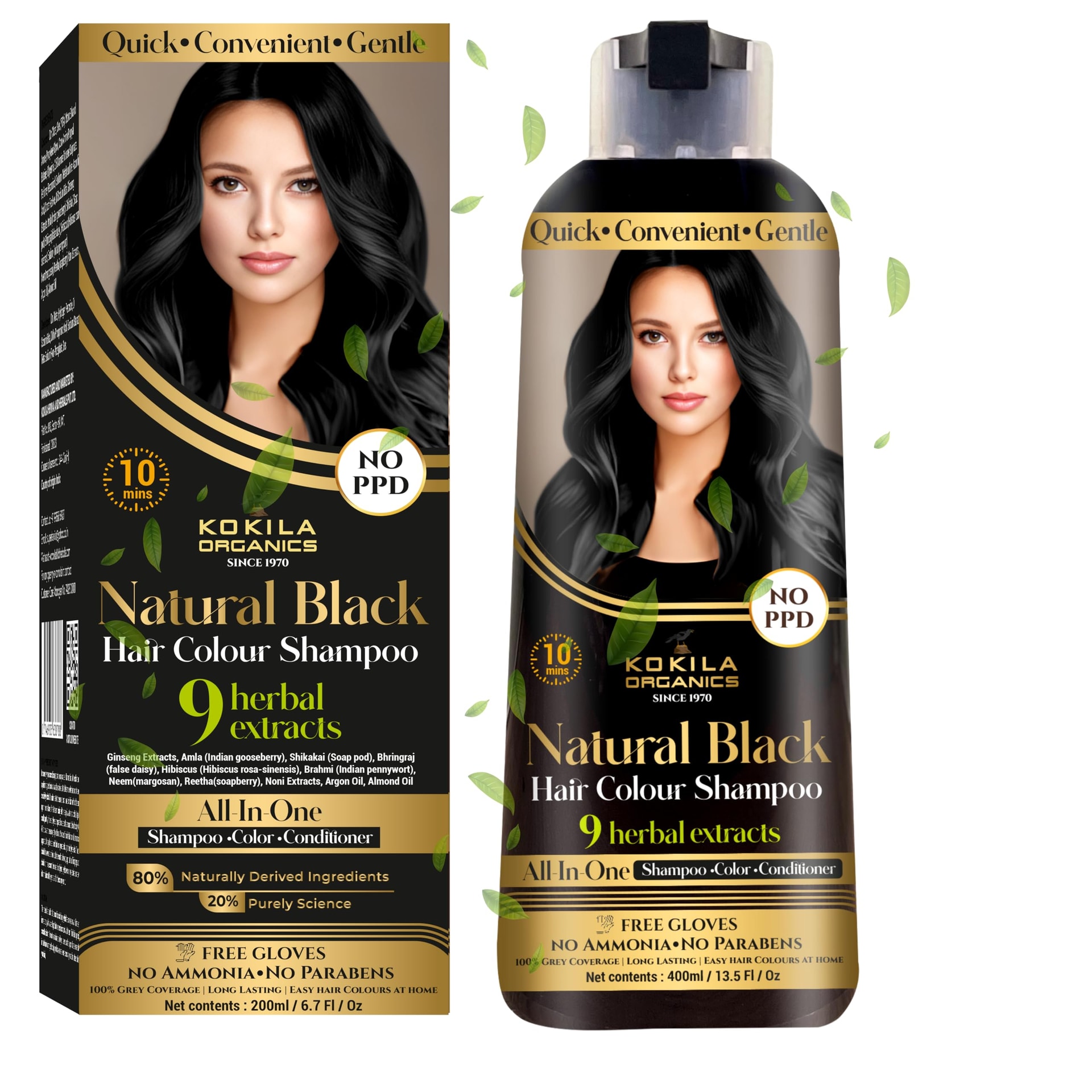 Kokila NO PPD Shampoo Hair Colour - Black 400ml for Women and Men | Natural Extracts | Colours Hair in 10 Minutes | Ammonia Free, Paraben Fr