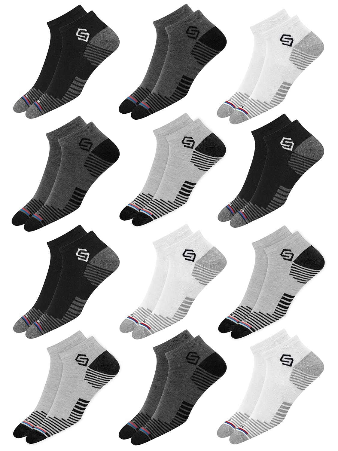 SWAGR 12 Pairs Sports Cotton Ankle Length Socks for Men, Pack of 12., Assorted