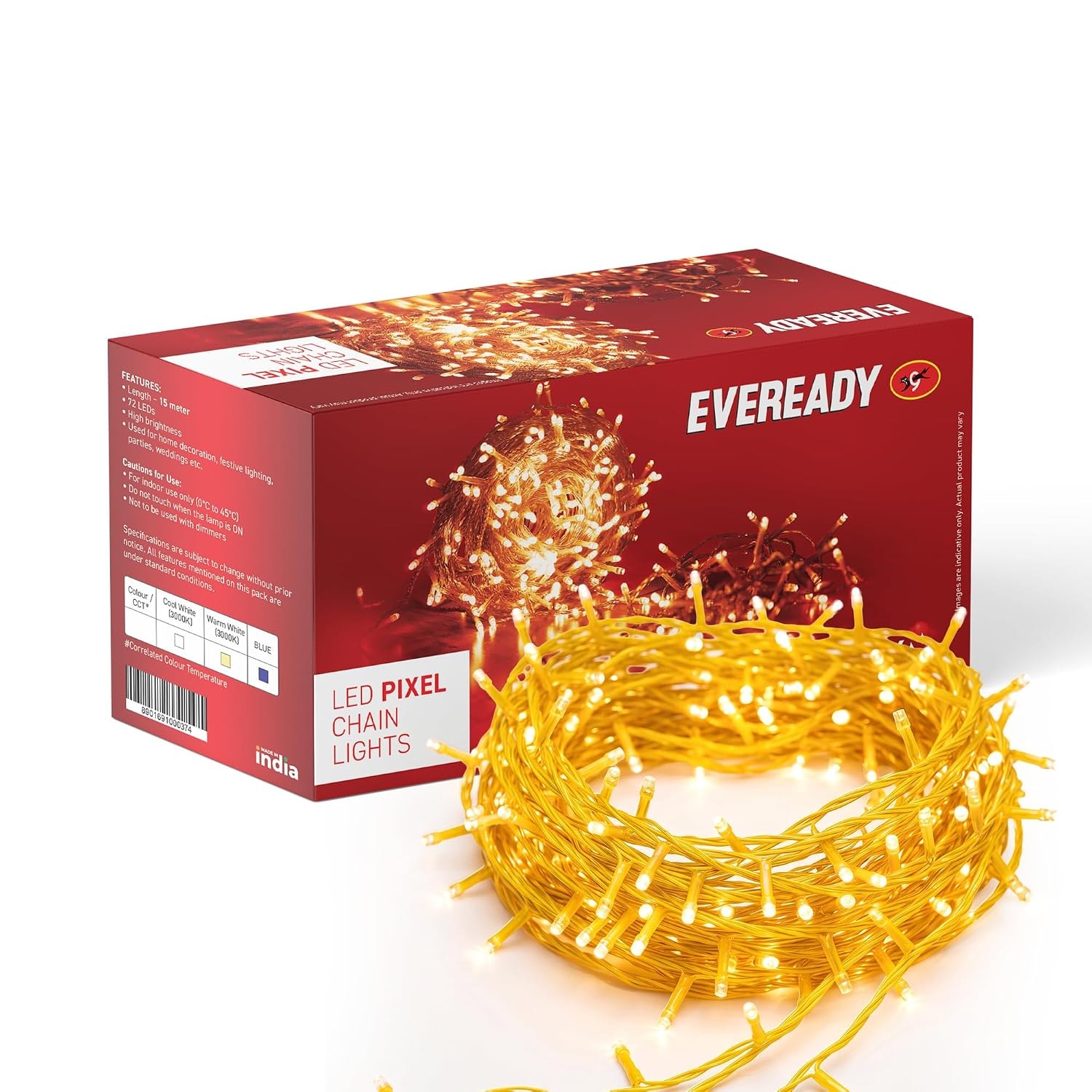 EVEREADY UTSAV 15-Meter LED Pixel Chain Lights, Warm White, Pack of 1 | 72 LEDs, BIS Approved, Decoration Lighting for Diwa…