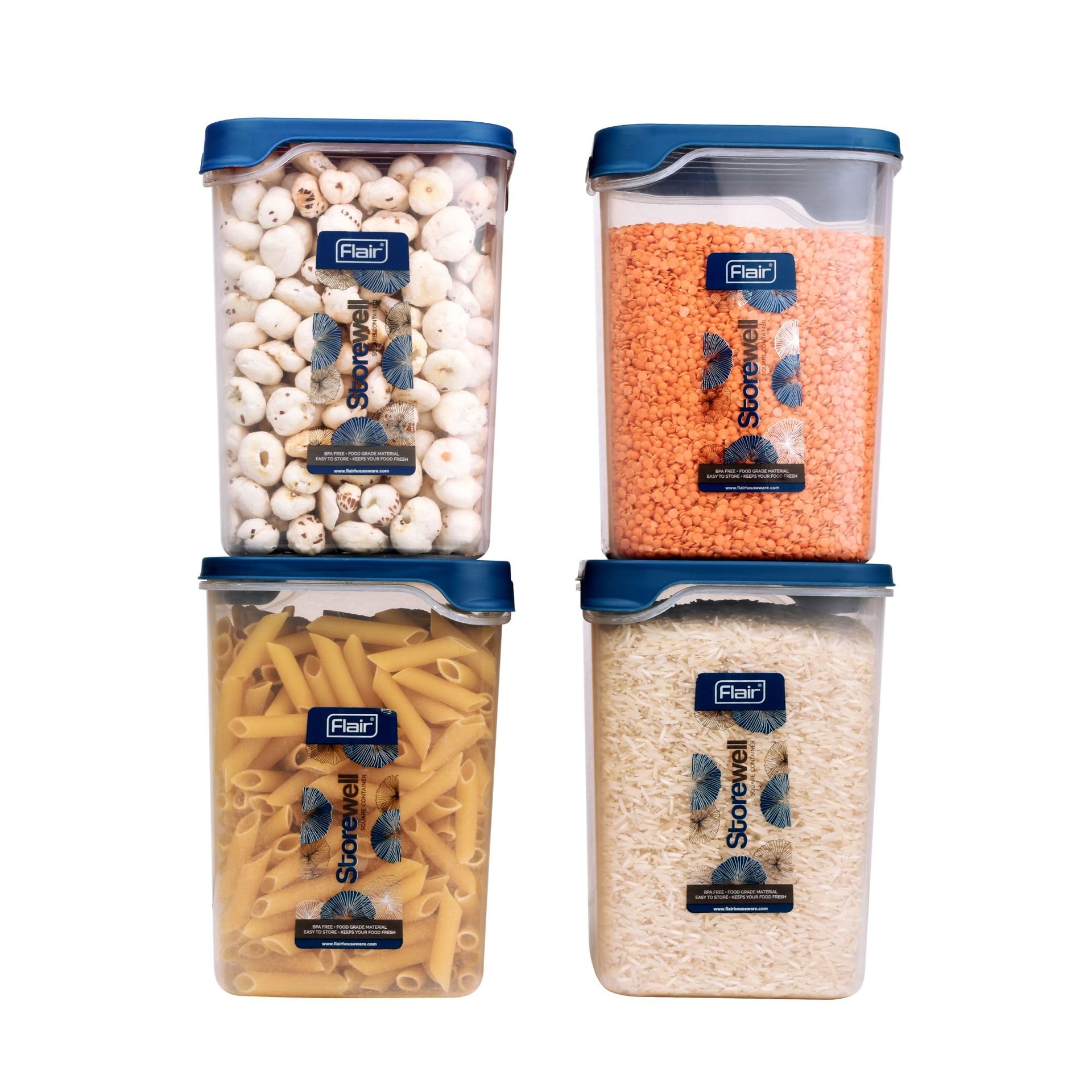 FLAIR Storewell Square Food Storage Containers Set of 4 (2400 ML)- Blue, Air Tight Containers for Kitchen Storage Ideal kitchen box for Rice