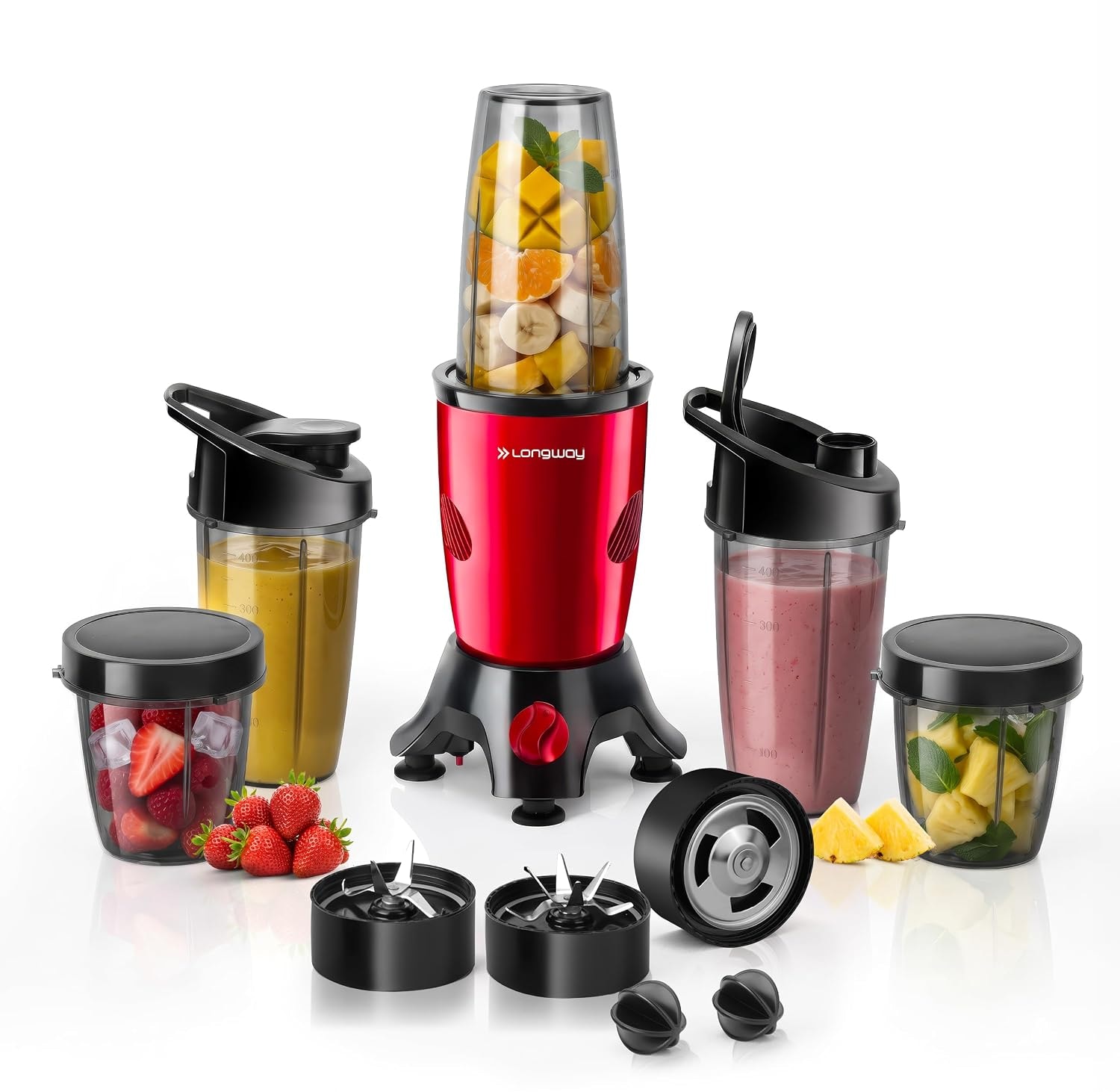 Longway Blixa Nutri Blender 600 W Bullet Mixer Grinder & Smoothie Maker with Stainless Steel Blades & ABS Plastic Body | 22000 RPM | 3 Years Warranty (5 Jars, Red Wine)