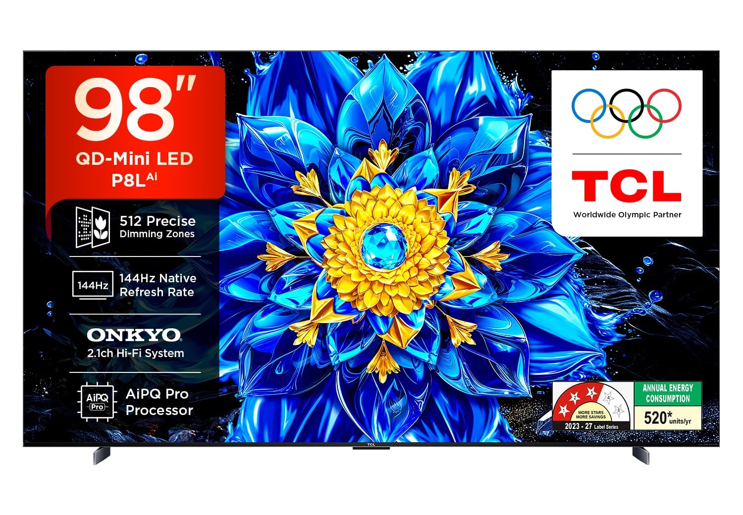 TCL 248 cm (98 inches) 4K UHD Smart QD-Mini LED Google TV | 144Hz Native Refresh Rate | 3GB RAM | 46W Onkyo 2.1ch | Up to 512 Zones | 98P8L