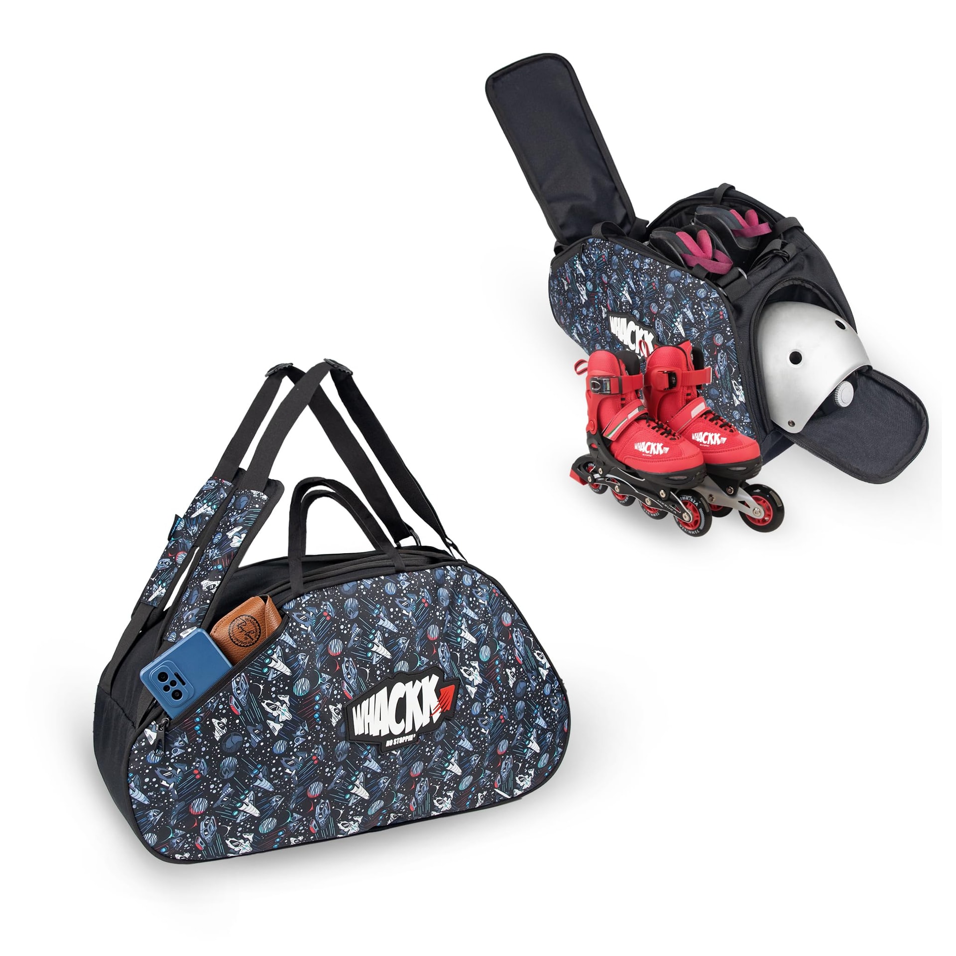 WHACKK Spin 38L Skating Backpack Black Print | 3-Way Carry Skate Bag with Helmet Pocket & Shoulder Strap | Padded Roller Skate Storage for K