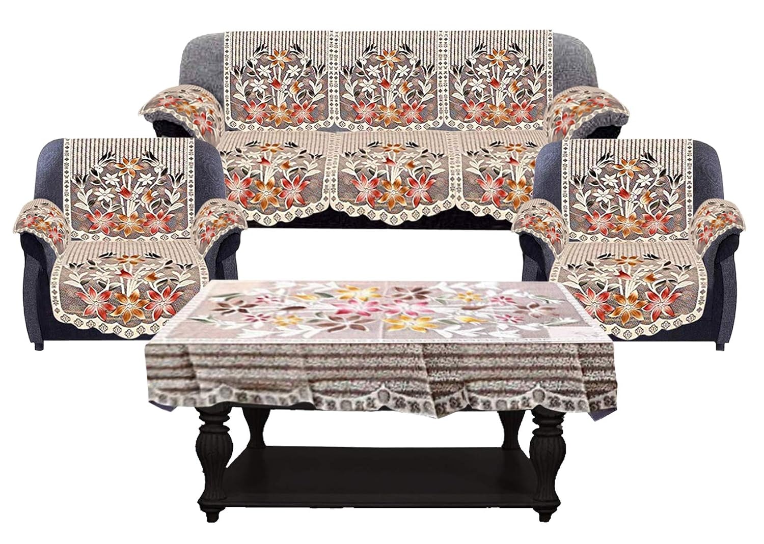 Kuber Industries Flower Design Cotton Floral 5 Seater Sofa Cover Set with 6 Pieces Arms Cover and 1 Center Table Cover (Set…