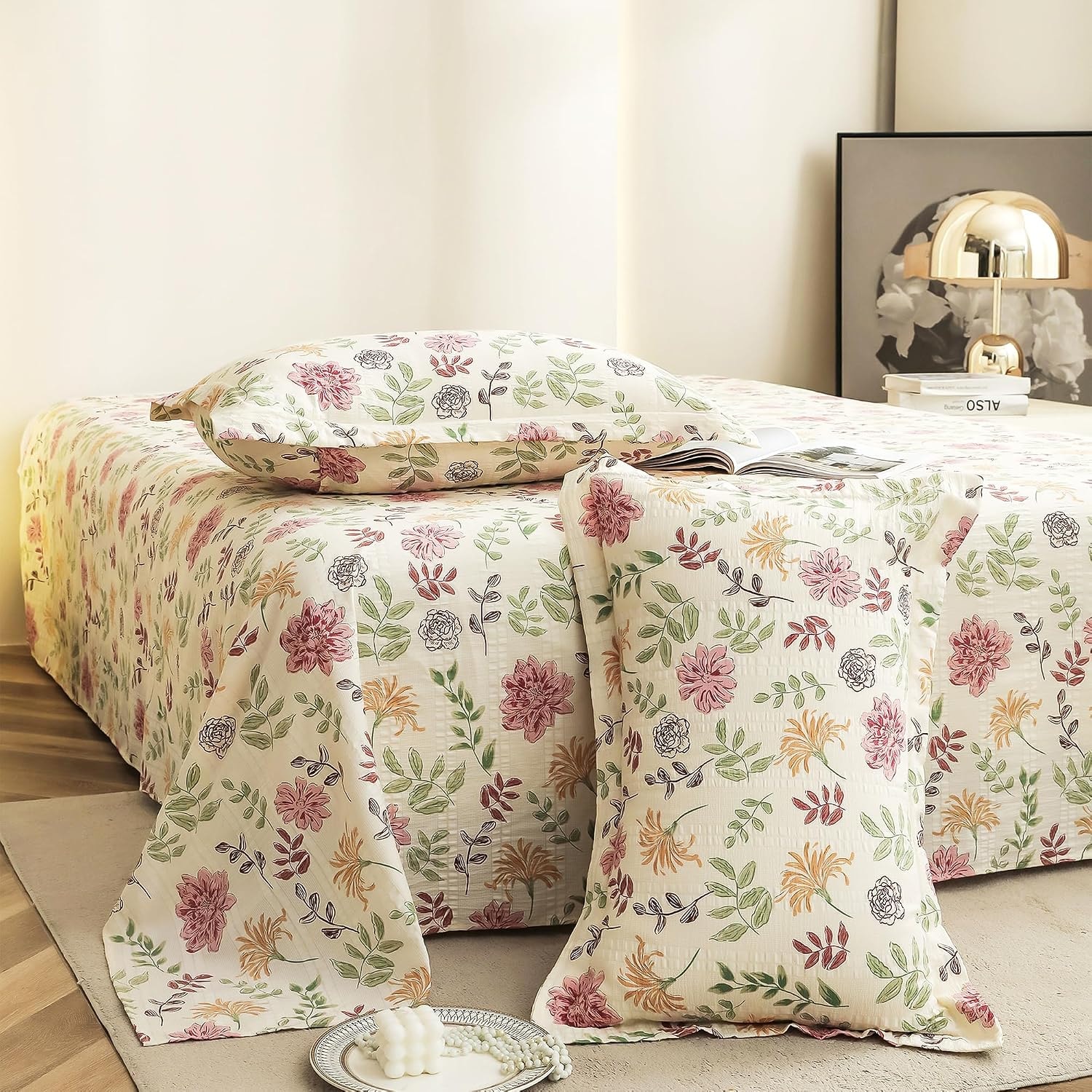 Story@Home King Size Bedsheet | Cloud Cotton Flatsheet, Off White & Pink | Floral Design | 270 x 250 cm | 2 Pillow Covers |…