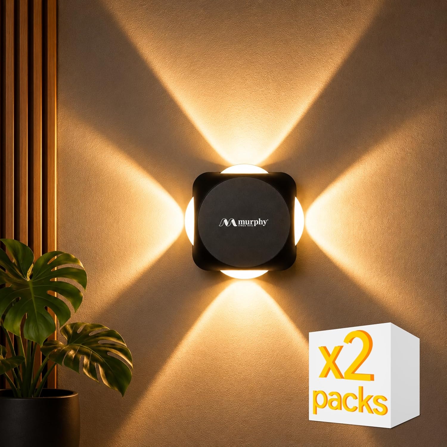 Murphy LED Outdoor Up/Down Wall Light - 6W, Warm White, (4 Multi-Directional Beams), IP65 Waterproof Aluminum Body, Pack of…