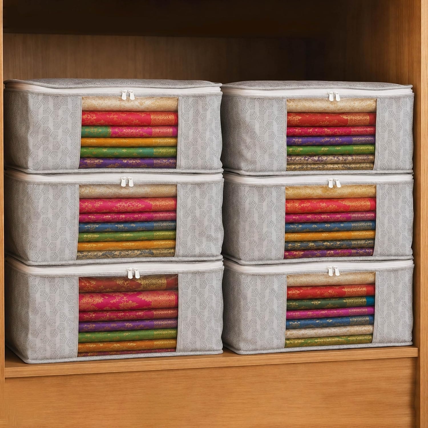 Homestrap Set of 6 Non-Woven Printed Saree Cover/Cloth Storage/Wardrobe Organizer For Clothes with Transparent Window (Grey…