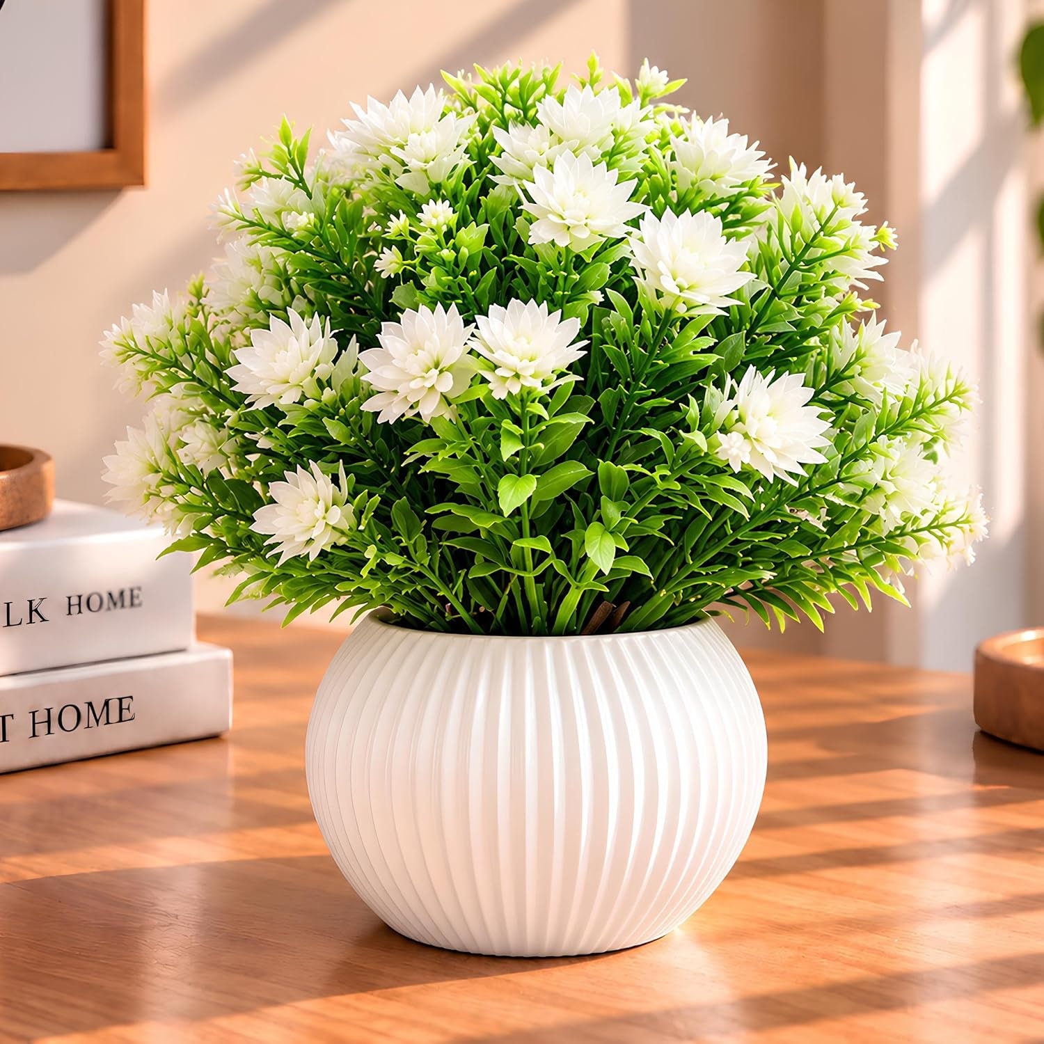 PulGos Pack of 2 Artificial Green & White Flower Plant with Small Pot-20 cm | Natural Touch & Feel | Greenery for Home & Of…