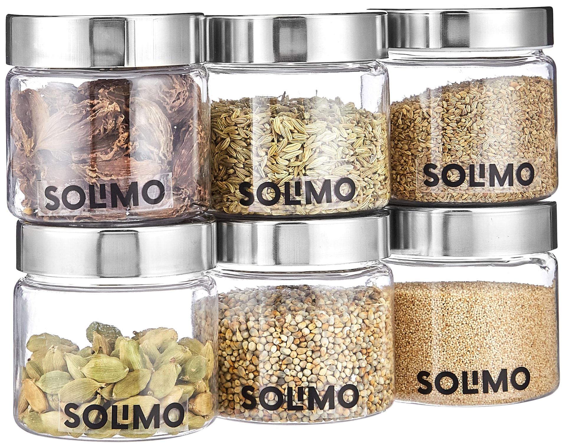 Amazon Brand - Solimo Plastic Storage Jar & Containers | Set of 6 | Steel Cap Jar Set | Air Tight & BPA Free | Multipurpose Jar Set | 200 ML