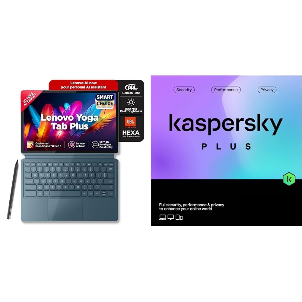 Lenovo Yoga Tab Plus Smartchoice AI Tablet with Pen + Keyboard |12.7" Display, 3K Resolution, 144 Hz|16GB RAM, 512GB ROM + Kaspersky Plus 1 Device 1 Year (Physical Pack)