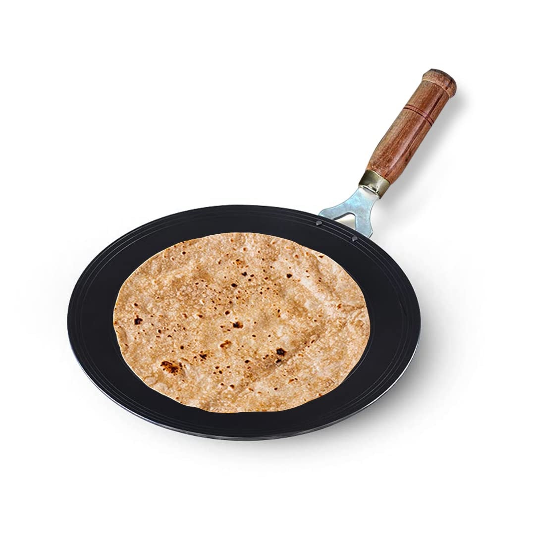 The Indus Valley Pre-Seasoned Iron Tawa for Roti/Chapathi with Wooden Handle | 27cm/10.6 inch, 0.95kg | Gas Stove Friendly | 100% Pure & Tox