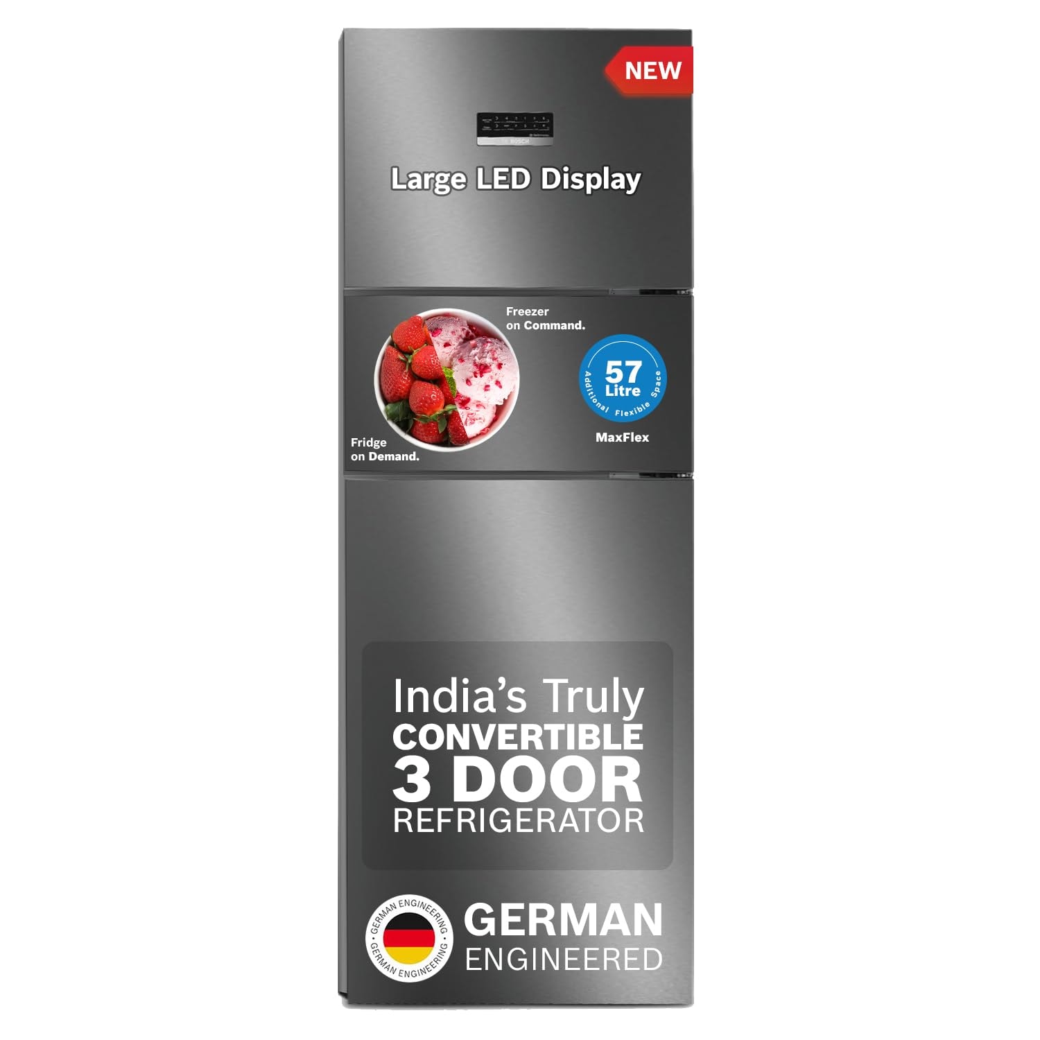 Bosch 335L, 3 Star, Max Flex Convert Frost Free Triple Door Refrigerator | 8-in-1 Convertible Storage Modes | 57L Extra Convertible Zone | Cool Extend up to 18 hours (CMC36K03NI, Smoky Silver)