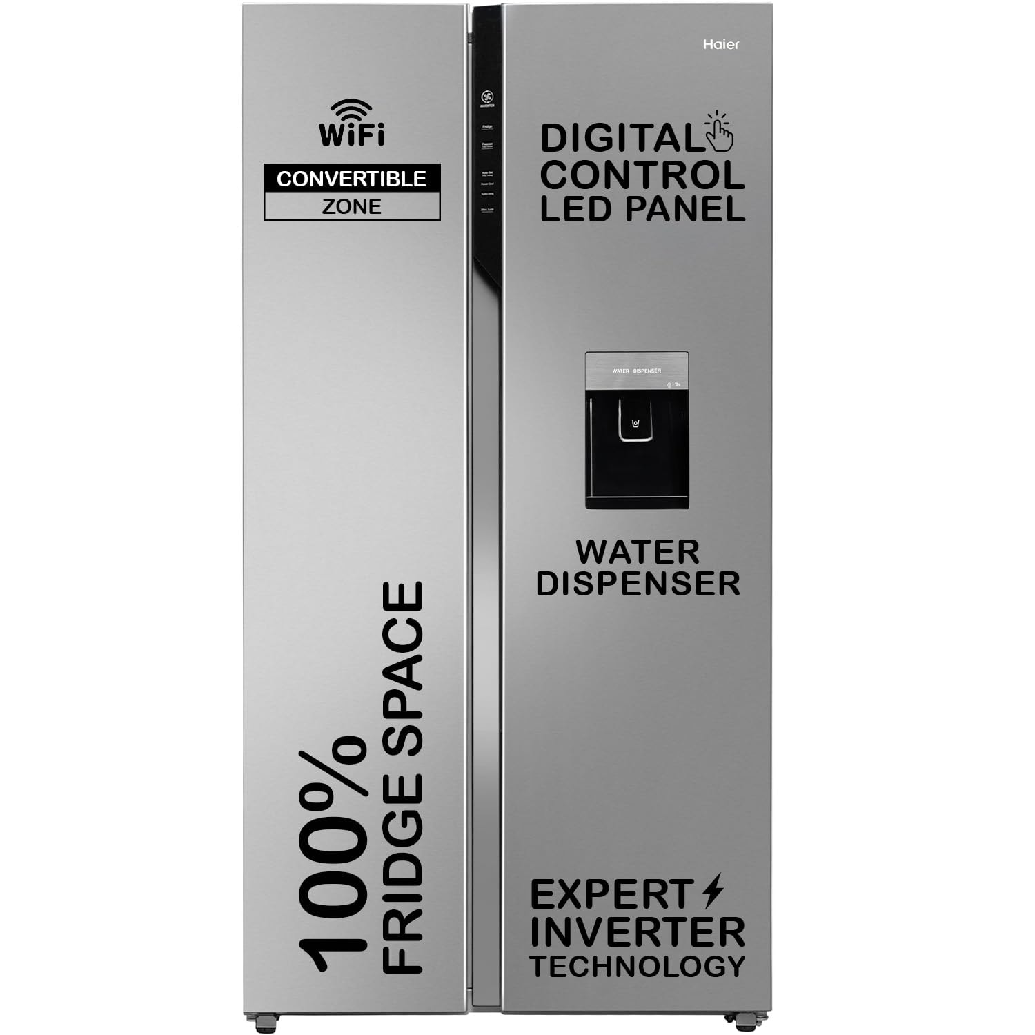 Haier 596 L 3 Star Frost Free Expert Inverter Smart Sense AI enabled 2-Door Side by Side In-built Water Dispenser Refrigerator (HRS-682SWDU1, Shiny Silver, Magic Convertible)