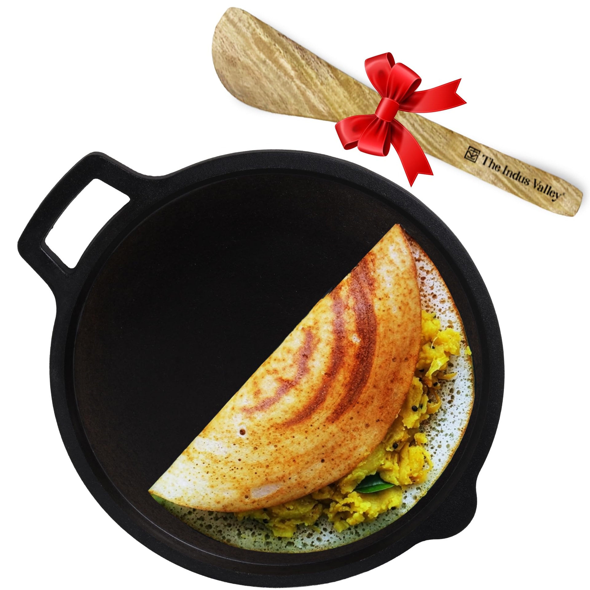 The Indus Valley Super Smooth Cast Iron Tawa with Free Wooden Spatula for Dosa/Chapathi | 27.6cm/10.8 inch, 2kg | Induction Friendly | Natur